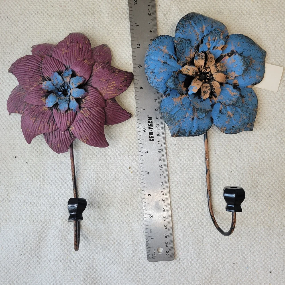 Vintage Floral Metal Wall Hooks - Blue and Purple Bundle Of 2 Hooks